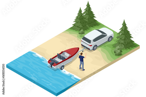 An isometric illustration of a man preparing to launch a red and white motorboat from a trailer into the water by a sandy beach, with trees in the background.