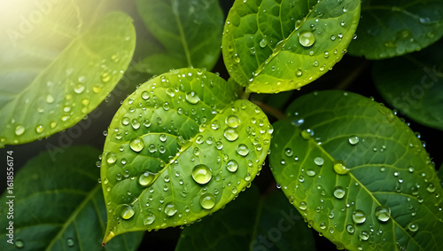 Closeup of vibrant green leaves covered in fresh water droplets