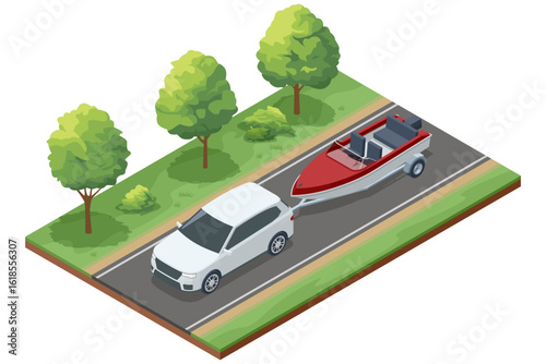 An isometric illustration of a white car towing a red and white motorboat on a trailer along a road lined with green trees, depicting travel to water.