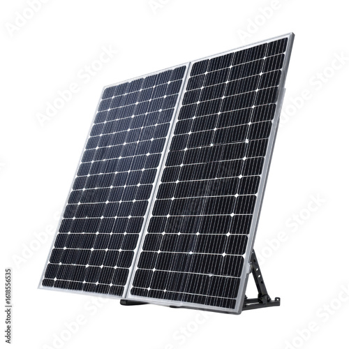Dual solar panels with silver frames angled against black energy electricity, Isolated On White, Png Transparent, Cut Out