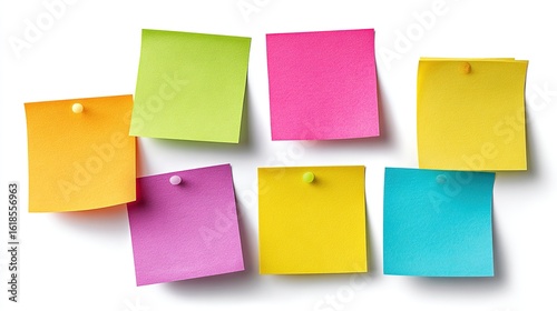 Seven colorful sticky notes are pinned up on a white background