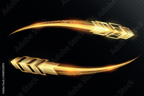 Golden glowing arrow with light trail, shiny dynamic tech symbol, futuristic abstract direction shape on dark background, fast motion speed concept.