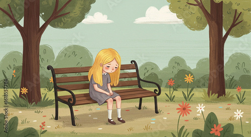 Illustration of a sad and lonely young girl sitting on a park bench, feeling isolated and dejected amidst a colorful park