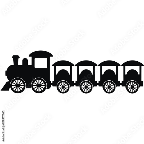 Black silhouette of a vintage train with four passenger cars on white background graphic resource for design elements