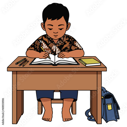 vector illustration of school boy writing on table