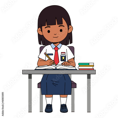 vector illustration of school girl writing on table