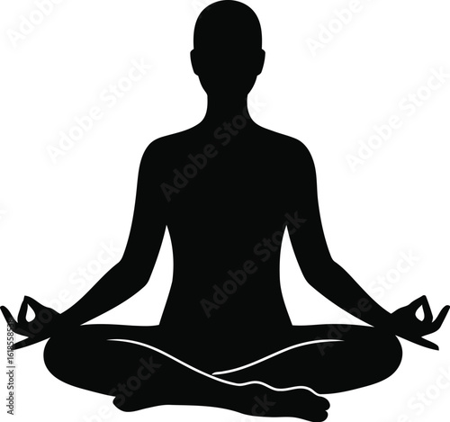 Vector illustration of a black silhouette of a person meditating in a lotus position with hands in a mudra, isolated on a white background