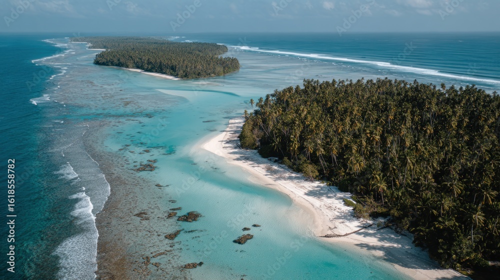 Fototapeta premium Tropical islands, turquoise water, white sand. Aerial view of a coastline