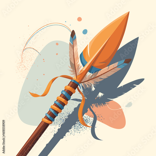 Artistic Illustration of a Native American Spear with Feathers and Decorative Bindings Detailed Weapon Design and Cultural Symbolism