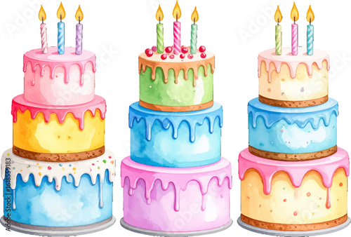 Colorful frosting birthday cakes for celebrations. Festive birthday cakes with sprinkles and candles. Tiered birthday cakes with vibrant frosting and candles. birthday cakes with candles and flowers