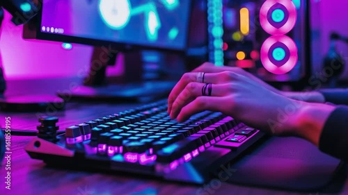 Hands typing on a keyboard in a brightly lit gaming setup