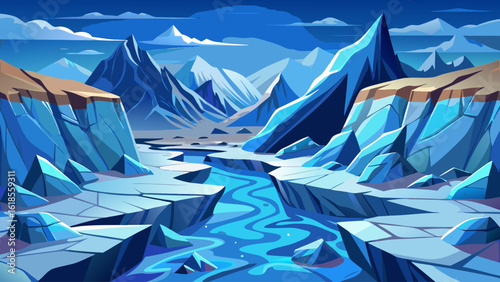 A glacier slowly creeping through a mountain pass, with cracked blue ice and scattered rock debris
