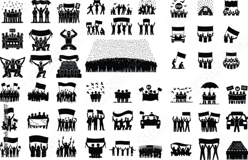 Protest Crowd with Banners Silhouette Icon Set Activists Holding Signs Vector Silhouette Collection
