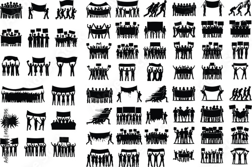 Protest Crowd with Banners Silhouette Icon Set Activists Holding Signs Vector Silhouette Collection