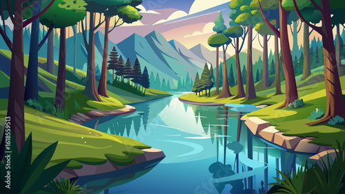 A glassy river winding through a dense forest, with reflections of the trees mirrored perfectly on the surface