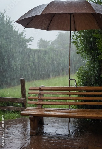Rainy day at park bench: Under the shelter of a large umbrella, a lonely park bench sits, observing the downpour, illustrating the tranquility of a wet day. Ai generated image
