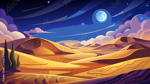 A moonlit desert night, where stars blanket the sky and shadows stretch across the rippled sand
