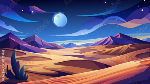 A moonlit desert night, where stars blanket the sky and shadows stretch across the rippled sand