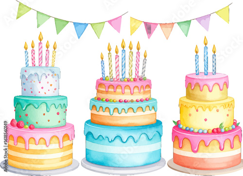 Bright birthday cakes decorated for a celebration. Whimsical layered cakes with colorful candles. Vibrant cakes with rainbow layers for a birthday. Colorful cakes with frosting, sprinkles, and candles