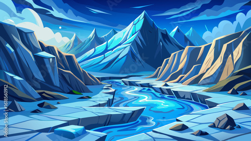 A glacier slowly creeping through a mountain pass, with cracked blue ice and scattered rock debris