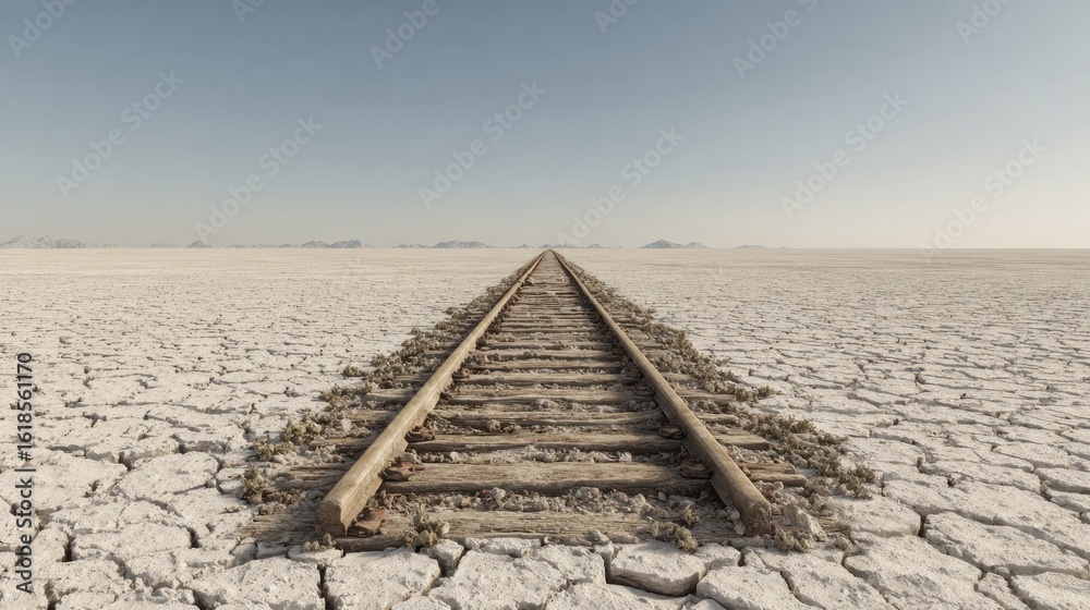 Fototapeta premium Empty train tracks across a cracked, white desert