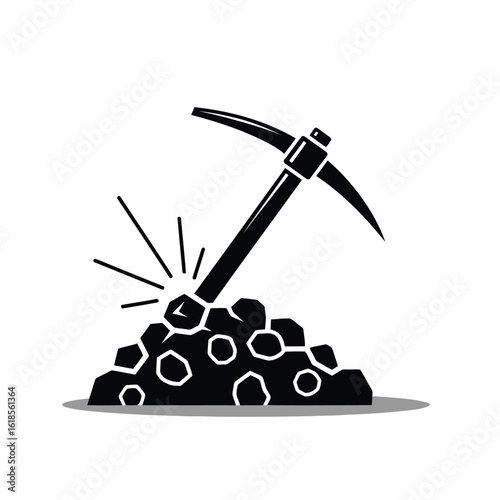 Vector illustration of pickaxe hitting rock isolated on white background