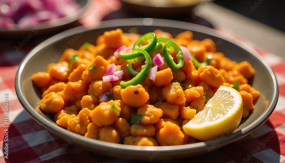 Close-up of spicy chole bhature with chopped onions, lemon wedge, and green chilies, served on a roadside dhaba table Close-up of spicy chole bhature with chopped onions, lemon wedge, and green chilies, served on a roadside dhaba table