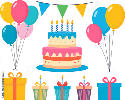Colorful birthday cake with balloons and gifts. Fun party decorations with cupcakes and balloons. Birthday cake, presents, and colorful party balloons. Festive cupcakes, gifts, colorful birthday decor