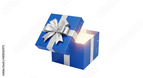 Illustration of a blue gift box with a silver bow isolated on transparent background