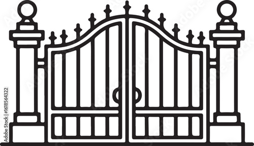 Ornate black metal gateway with decorative pillars ornate gate black and white