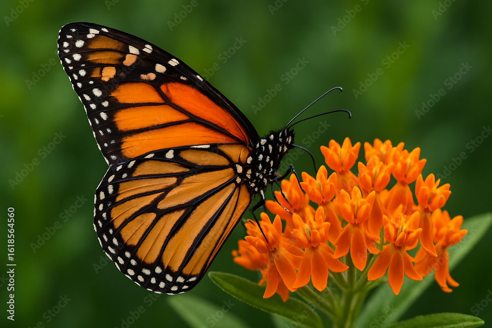 A beautiful monarch butterfly with orange and black wings sips nectar from a colorful garden flower on a summer day A beautiful monarch butterfly with orange and black wings sips nectar from a colorful garden flower on a summer day