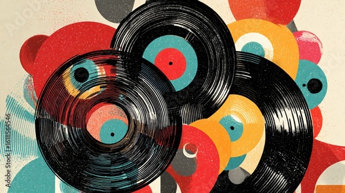 A vibrant and nostalgic artwork showcases vintage vinyl records intermingling with colorful, abstract shapes, evoking a sense of retro