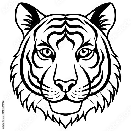 Vector art of a striking tiger face stares intensely forward in this bold black and white vector illustration