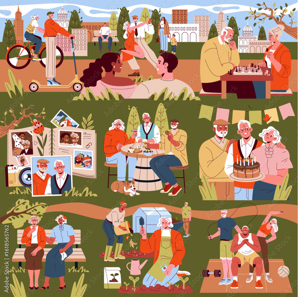 Obraz premium Various Senior Activities in the Park Vector Illustration