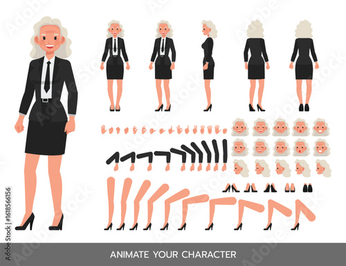 Business woman wear black suit character constructor. Flat design vector kit with poses and emotions for animation and explainer videos.