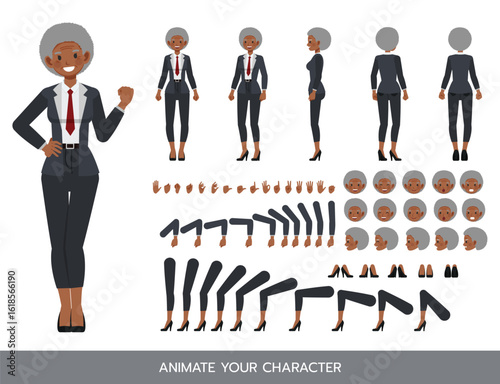 Business woman with afro hairstyle wear black suit character constructor. Flat design vector kit with poses and emotions for animation and explainer videos.