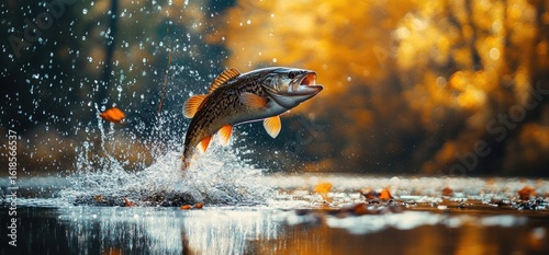 Fish jumping out of water autumn scene