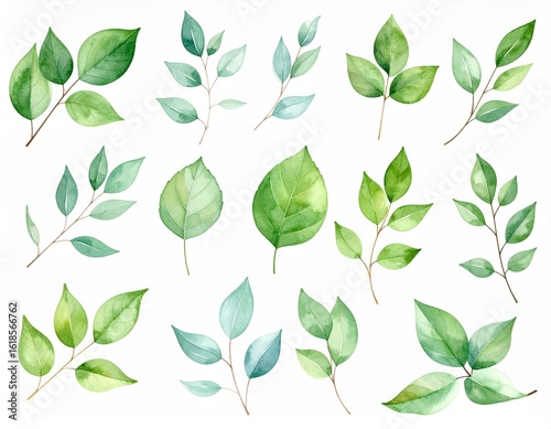 A collection of watercolor painted leaves and branches in varying shades of green