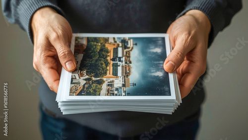 Hands Hold a Stack of Printed Photographs Showcasing Urban Landscapes and Architecture