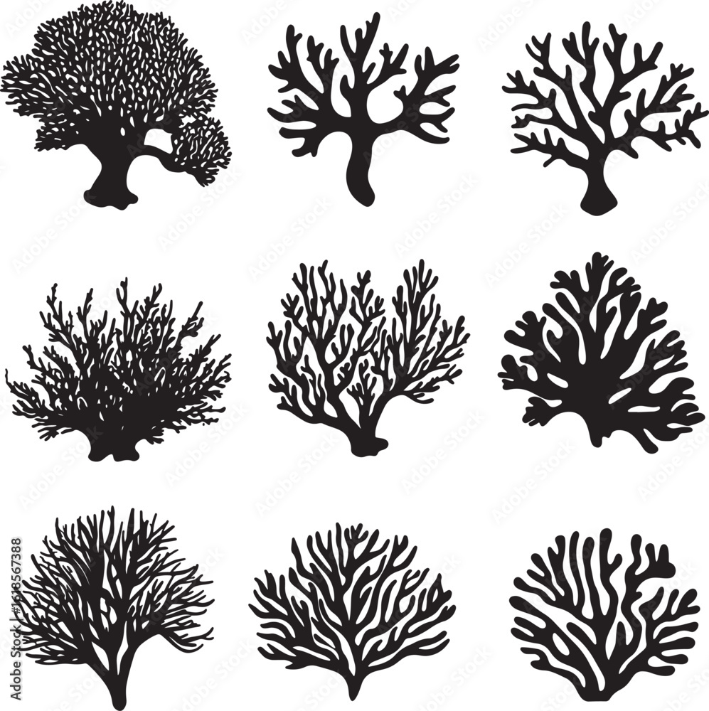Naklejka premium Set of coral silhouettes in a clean and simple black vector illustration