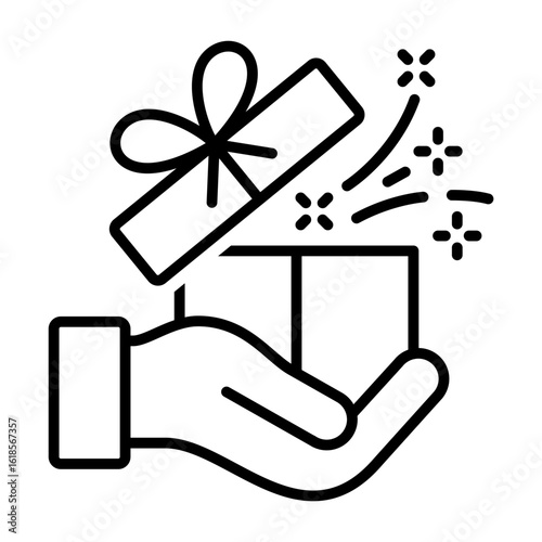 Gift box icon. Surprising gift box symbol. Present gift box tied signs. Hand hold gift box, Christmas, birthday, valentine, open, sparkle, celebration, achievement success vector illustration