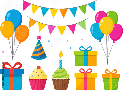 Colorful party decorations with cupcakes and gifts. Birthday cupcakes, balloons, and gifts for a party. Cheerful birthday celebration with party items. Festive decorations with cupcakes and gifts