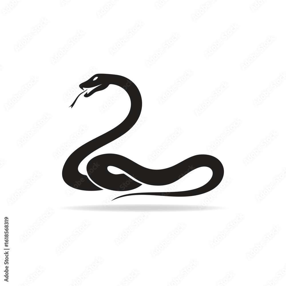 Naklejka premium Black Cobra Snake Silhouette with Tongue Out and Shadow Detail on White Background