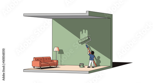 A Creative Home Renovation Scene Featuring a Person Painting a Modern Living Room in Fresh Green Color with Contemporary Furniture and Warm Lighting for Stylish Interior Design