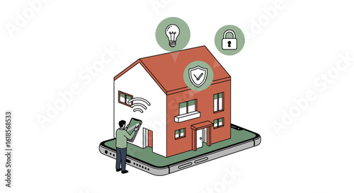 A Modern Illustration of Smart Home Technology: Eco-Friendly Living with Automation, Security, and Convenience All Integrated into One Seamless Mobile Experience