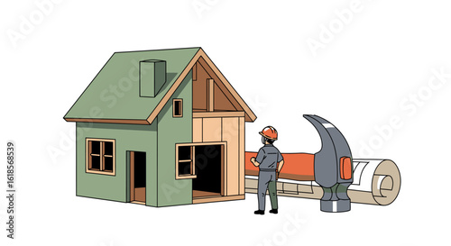 A Skilled Construction Worker Overseeing the Assembly of a Charming Green Cottage with Architectural Plans and Tools, Capturing the Essence of Home Building and Renovation Processes