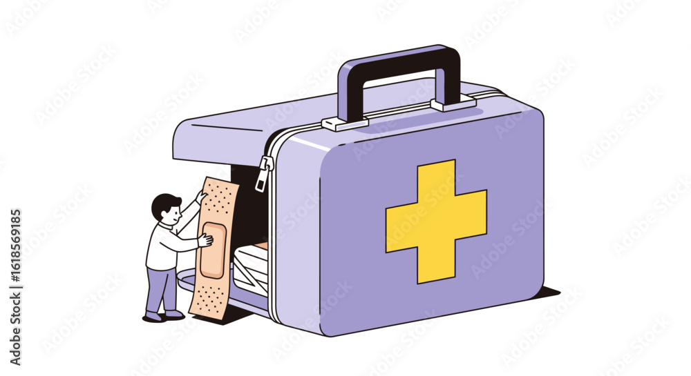 Fototapeta premium Illustrative Character Engaging with a Open First Aid Kit, Featuring Essential Medical Supplies and a Bandage for Emergency Medical Situations, Highlighting Health and Safety Themes