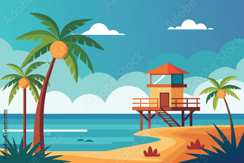  a picturesque beach scene featuring a lifeguard tower and swaying palm trees under a bright sky vector illustration