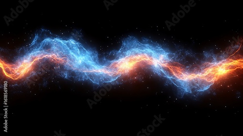 Abstract design of intertwined fire and ice elements against a black background.