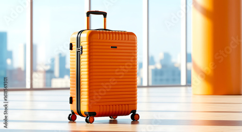 An orange suitcase sits ready for adventure packed with dreams and anticipation by a window overlooking the city in